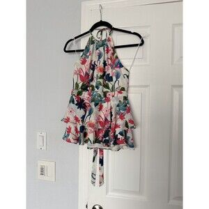 PARKER White/Multicolor Floral Print Key-Hole Halter Top Front Tie Blouse Size S